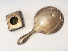 A silver-backed hand mirror, a silver wa
