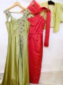 A 1950's vintage green satin dress embro