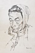 Mid 20th century Ink drawing Portrait of woman wearing headscarf resting her head on her hand,