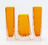 A Whitefriars coffin-shaped tangerine vase, 13cm and two other Whitefriars tangerine glass vases,