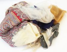 Paisley wool shawl and silk scarves (1 b