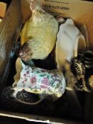 Three boxes of ceramics, brass bound mag