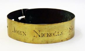 Antique brass dog collar inscribed 