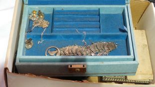 Quantity silver brooches, diamante necklace,