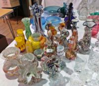 Quantity of mottled glass items including a large vase, perfume bottle, several bon-bon dishes,