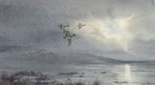 Owen Williams
Watercolour 
Trio of widgeon flying by moonlight, signed,