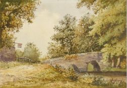 Watercolours of a bridge over stream and a country village scene with thatched cottages,