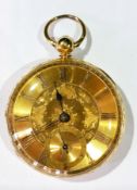 Gent's 18ct gold pocket watch, open faced with engine-turned hand engraved dial,