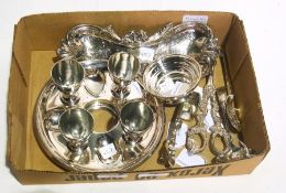 EPNS egg cruet, snuffers tray, pair snuf