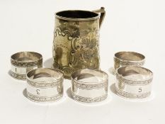 A set of six silver plate teaspoons, fiv