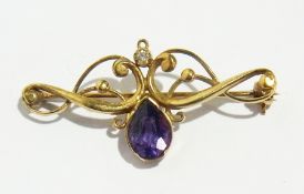 9ct gold, amethyst and diamond bar brooc