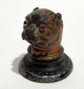 A Victorian painted metal pug inkwell with glass eyes,