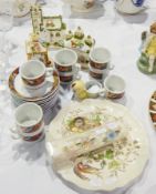 Three Coalport china reproduction pastille burners, three china floral menu holders, cups,