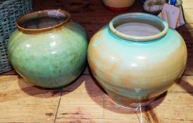 1946 Prinknash Abbey pottery vase, shouldered and tapering in mottled turquoise and brown glaze,