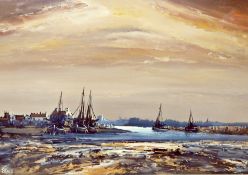 Elliott
Oil on board 
Boats moored in a port
