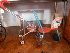 Triang push along ride-on horse and a doll's buggy