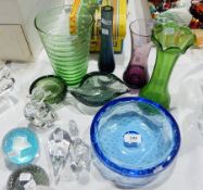 Caithness paperweight, four other paperweights, blue bubble glass shallow bowl,