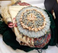 A Victorian paisley shawl, printed, with deep cream wool fringe, a Victorian green silk piano