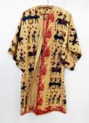 African batik robe printed with Roman type soldiers and horses in dark blues and browns on an
