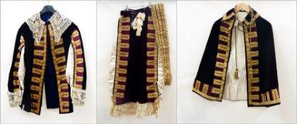 Carolean style velvet ceremonial jacket trimmed with gold braid and having gold buttons and lace