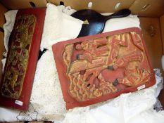 A quantity of assorted table linen of cut and drawn thread, tablecloths, etc., two stained wood