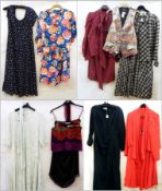 Nine various outfits by Caroline Charles, including cocktail top and skirt embroidered with silver