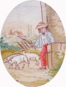 A pair of tapestries showing shepherd boys with painted faces, both framed and two framed oriental