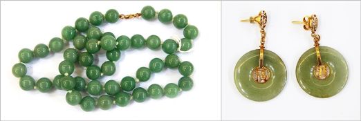 String of jade beads and a pair of gold and jade drop earrings  Live Bidding: If you would like a