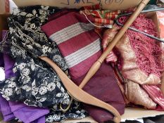 Indian cotton sari, length of material in deep red with grey stripe and bordered with green,