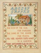 A 1930's sampler, a 1950's Festival of Britain sampler and a 1930's embroidery showing cottages,
