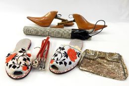 Pair of wooden shoe-horns or stretchers,  folding umbrella in PVC cover, small satin evening bag,