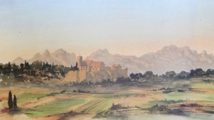 Three old postcards, framed as one and a framed print of a French landscape  Live Bidding: If you