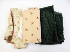 Two pairs of jacquard style curtains in creams and gold, a length of machine embroidered material,