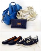 A park of Kurt Geiger black moccasins, a pair of Fit Flop trainers, two vintage handbags and an