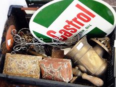 A replica Castrol Motor Oil plaque, a replica Rolls Royce hub cap, costume jewellery,