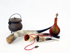 Four horn vessels, some variously mounted, iron cauldron with lid, copper hanging lantern,