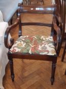 Early 19th century mahogany bar back open armchair with downswept arms, upholstered drop-in seat,