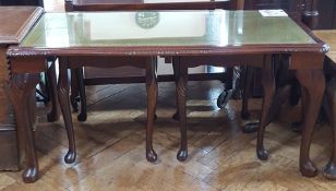 Mahogany three-tier tea trolley on castors, small bookcase,