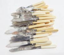 Quantity plated items including teaset, cream handled fish knives and forks, entree dish,