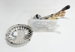 Victorian ivory-handled silver pickle fork, pair ceramic-handled salad servers, plated gravy spoon,