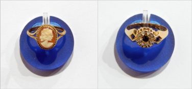 18ct gold, sapphire and diamond ring set central flowerhead with single sapphire,