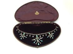 Victorian diamond and turquoise necklace with three diamond and turquoise set pendant sprays,