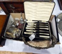 Silver plated tray, silver-handled ivory page turner, silver plated bell,