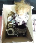 Stoneware jug, white floral moulded,