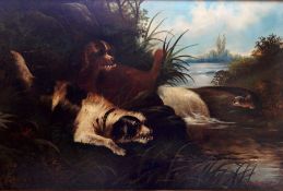 W G Becker 
Oil on canvas 
Two dogs beside stream with otter, signed,