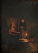 Petrus van Schendel (1806-1870)
Oil on panel
Candlelit street scene with woman selling fish from a