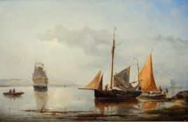 Nicholas Riegen (1827-1889) 
Oil on panel
Coastal scene with sailing boats and fishermen offshore,