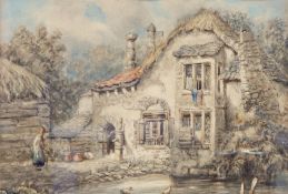19th century watercolour showing a village house by a pond,