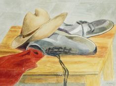 E M Henry (contemporary) 
Watercolour drawing 
Still life study of walking shoes, hat, etc.