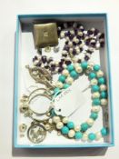 Amethyst and pearl necklace, turquoise and pearl necklace, silver dolphin brooch,